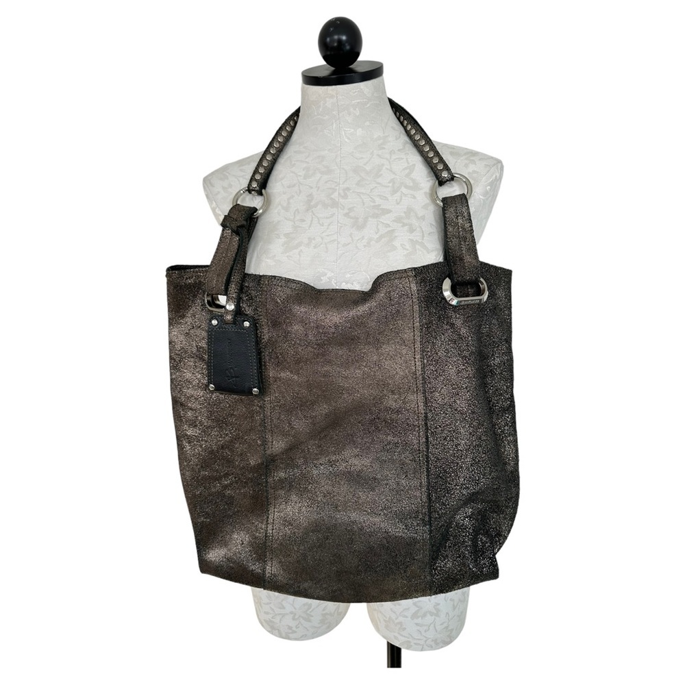 B. Makowsky Metallic Bronze Leather Large Hobo Shoulder Bag with Studded Handle - Picture 6 of 16